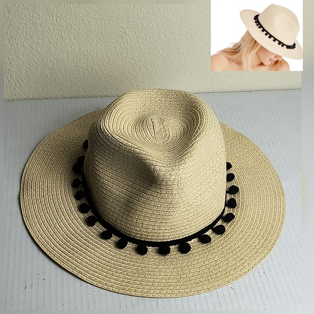 Sole Society Cream Paper Straw Hat with Black Pom Pom Panama Hat